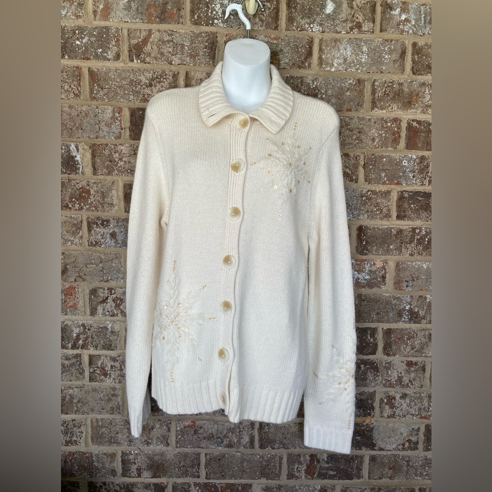 Talbots Gold Shimmer Snowflakes Cardigan Size L NWT Sequins Embroidered